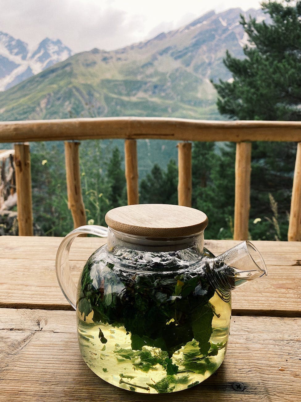 Glass teapot with fresh herbal tea against mountain backdrop, representing the Balkan herb heritage behind our tea sourcing