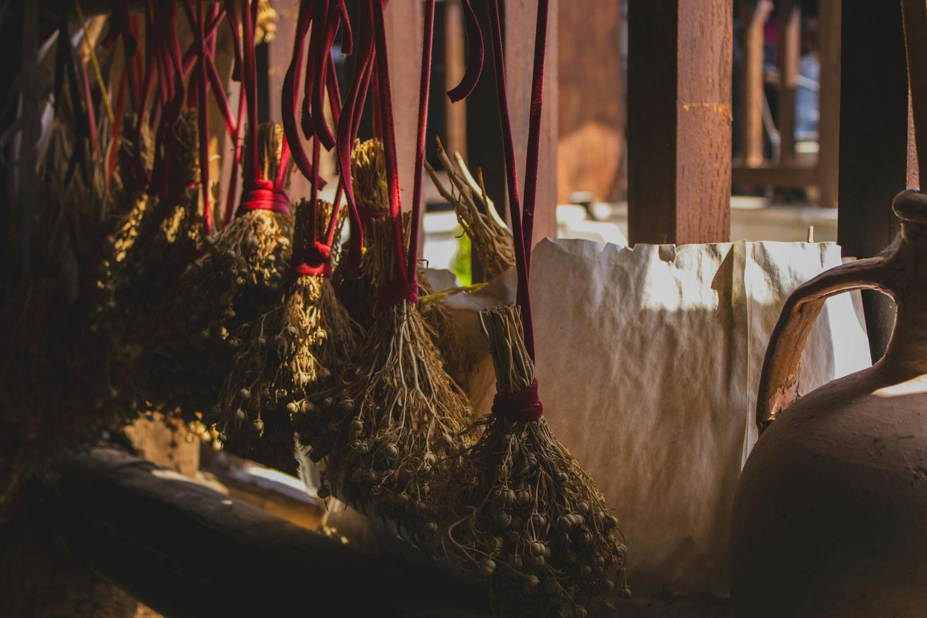 Traditional hanging herb bundles drying in a rustic setting