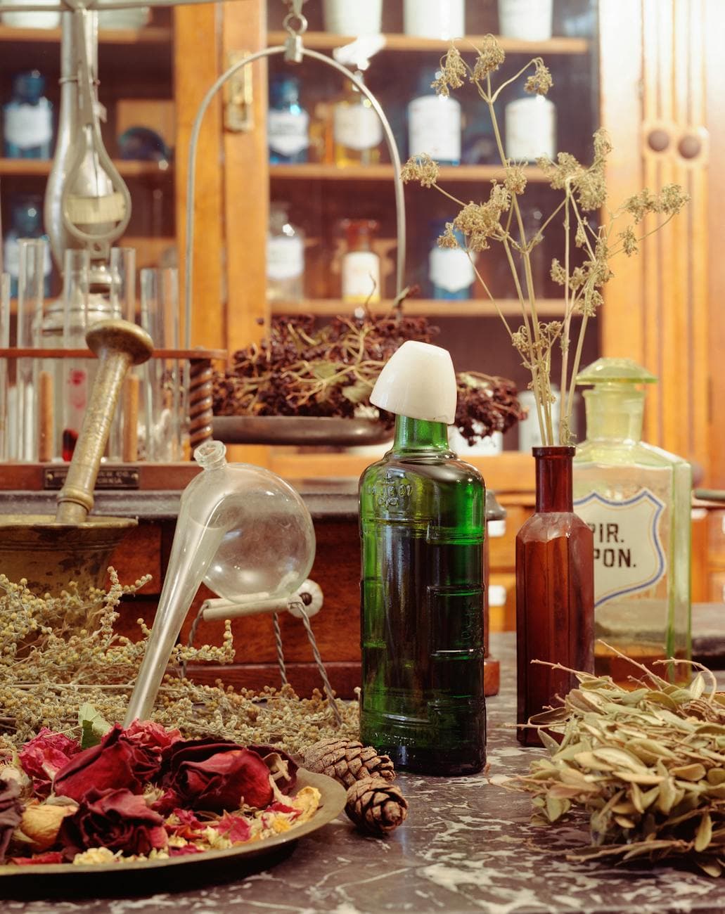 Rustic apothecary setup with vintage bottles and dried herbs - representative of the DACH apothecary customers who have sourced Balkan herbs since 1990