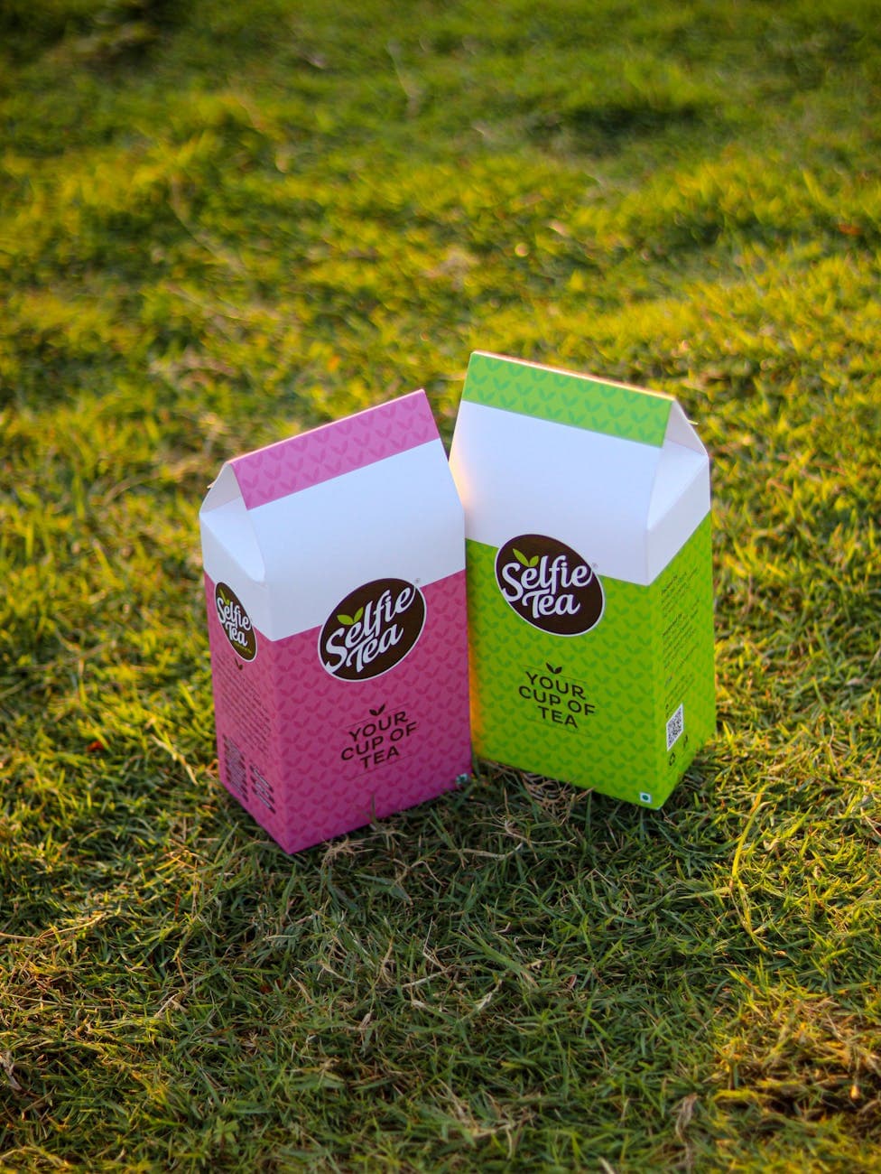 Tea packaging boxes on grass showing colorful private label brand identity