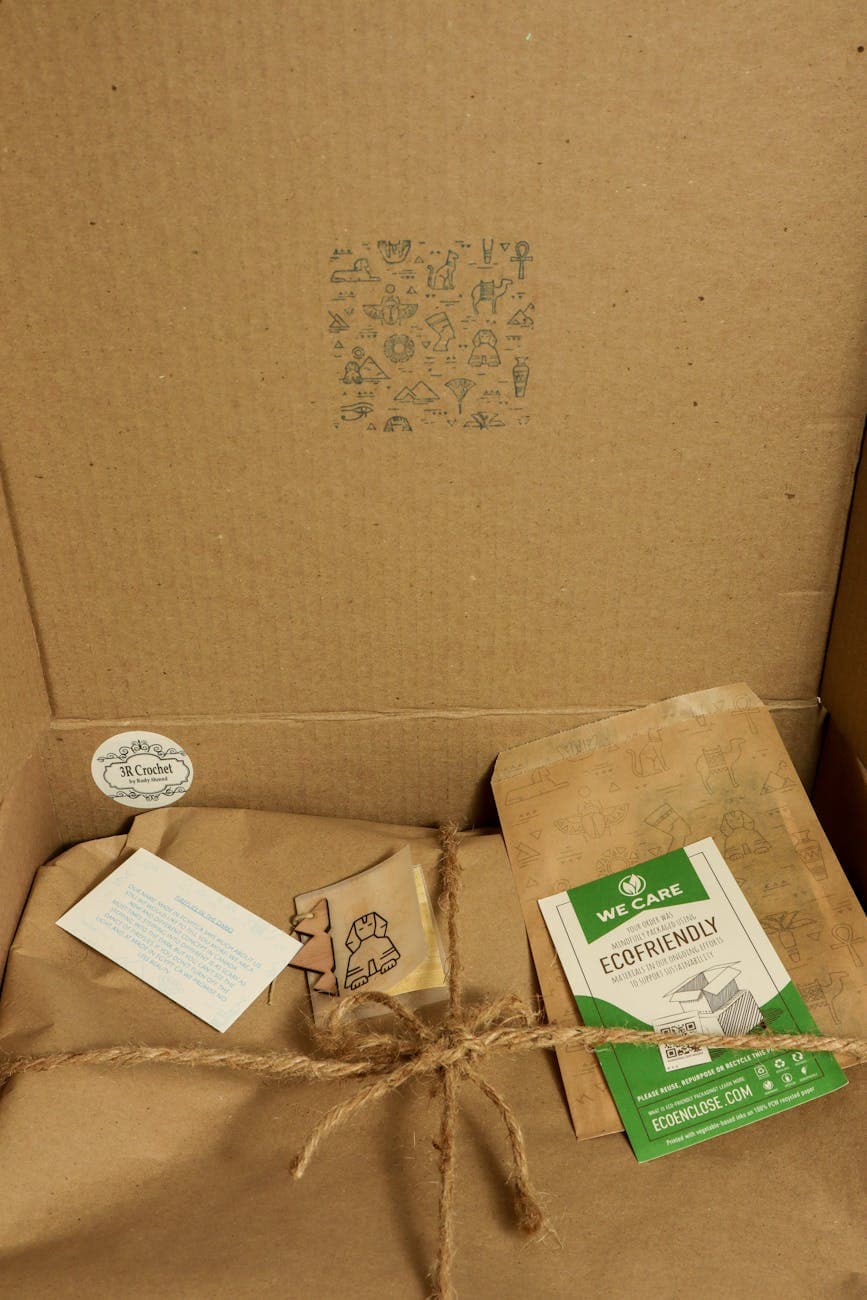 Close-up of eco-friendly packaging featuring recycled materials and sustainability labels