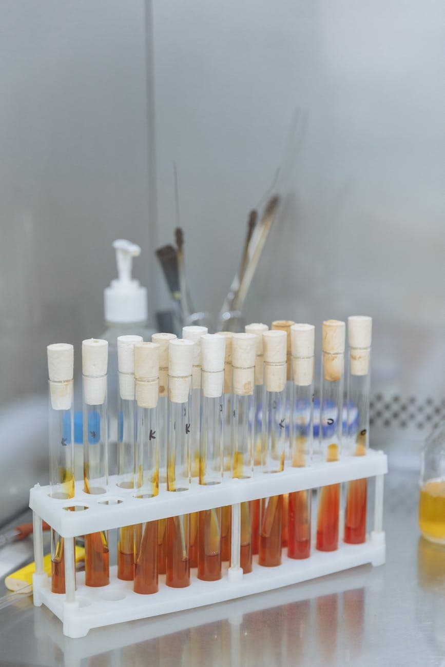 Test tubes with colored samples in a laboratory setting