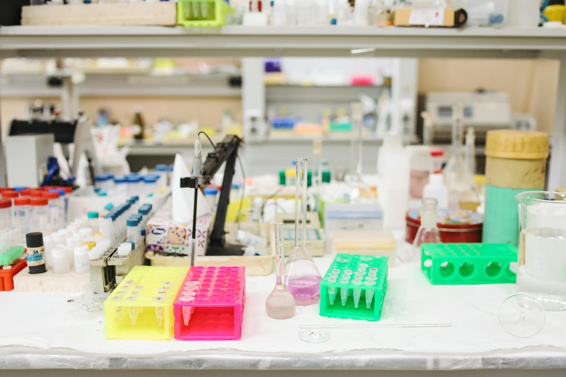 Organized laboratory with test tubes and analytical equipment used for multi-residue pesticide screening